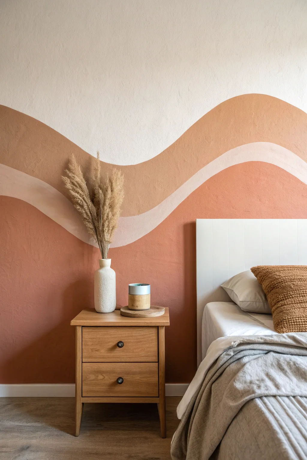 Soft wavy two tone border adds an artsy horizon vibe to a calm minimalist bedroom wall.