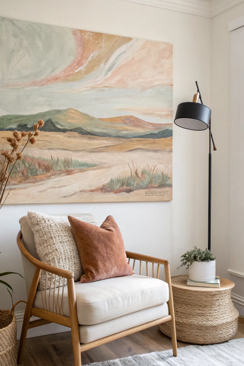 Soft mini mural creates a calm pause spot, adding artful warmth to your living room corner.