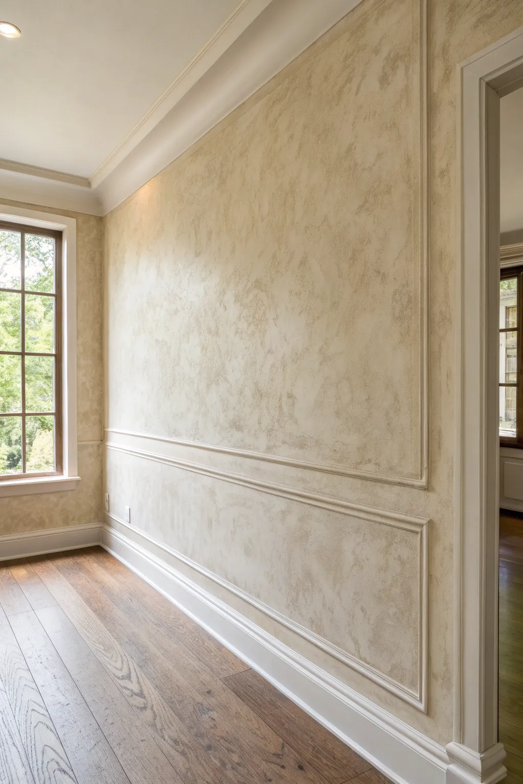 Venetian plaster sheen and trowel texture create polished depth in a minimalist accent wall.