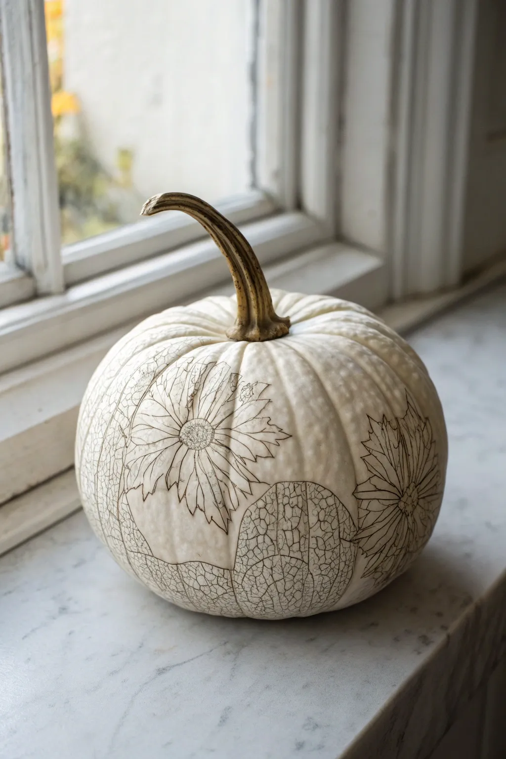 Pale warty pumpkin mapped with fine ink contour lines for a chic topographic look
