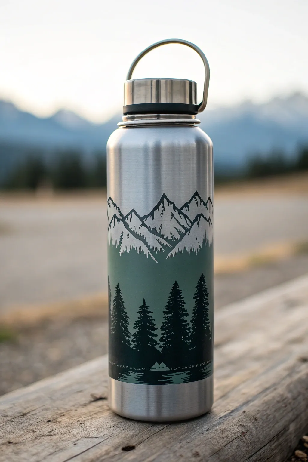 Minimalist mountain silhouette band on a tall water bottle, misty ombre and clean contrast.