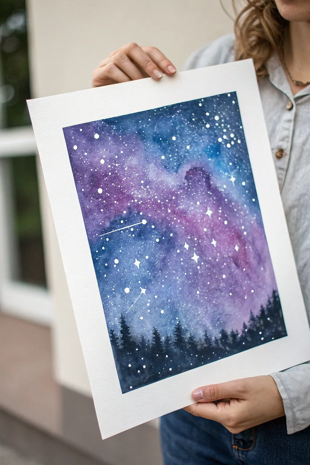 Paint a dreamy galaxy wash with bold splatter stars and shimmering salt-textured nebulae