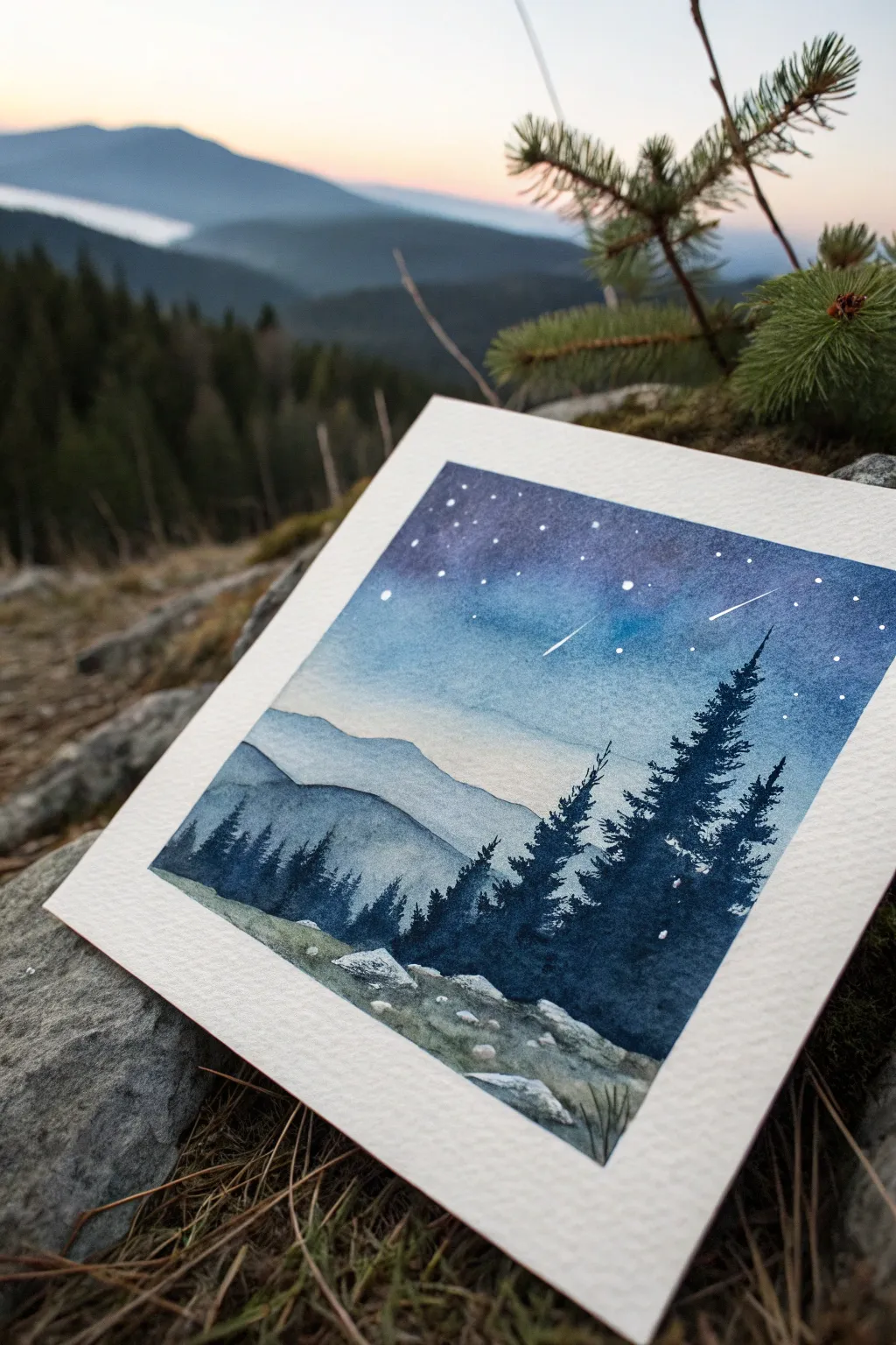 Paint a dreamy indigo night sky with star splatter and a gentle moonlit glow above dark hills.
