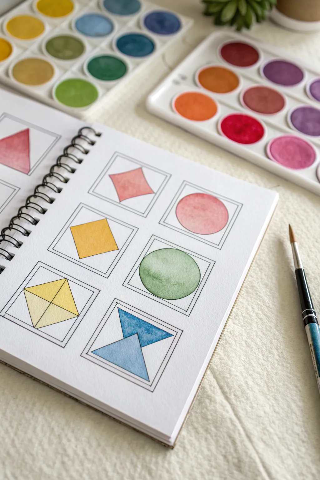 Minimal geometric watercolor grid with transparent overlaps that reveal beautiful, clear color mixes.