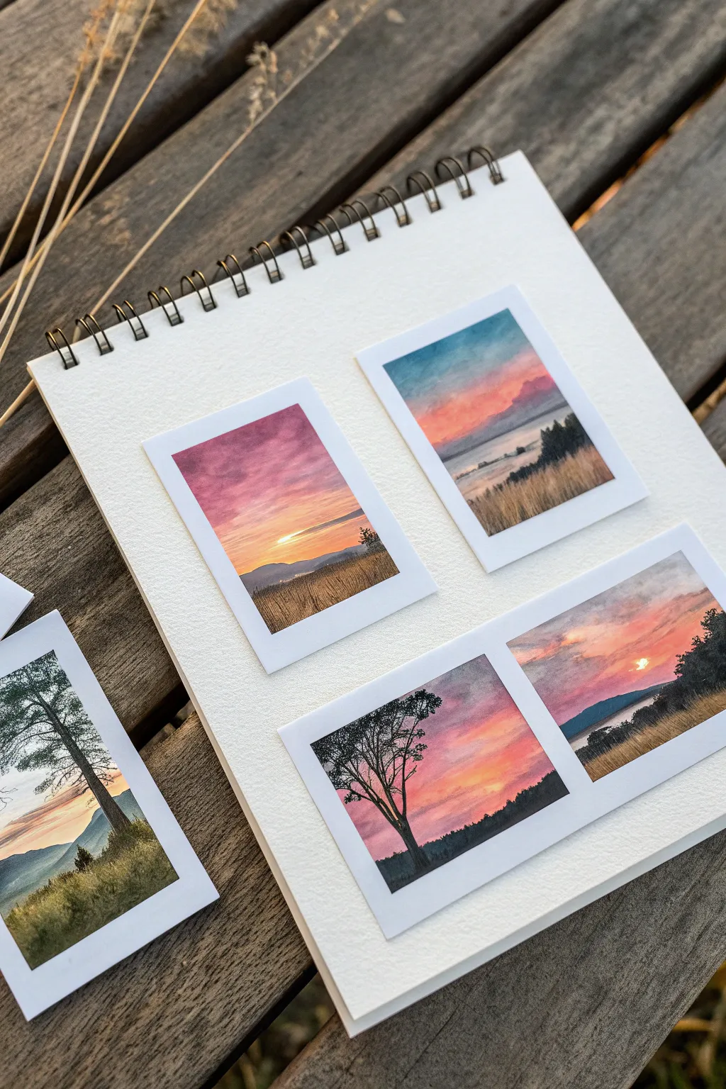 Polaroid-style mini sunset studies with simple silhouettes and varied watercolor palettes to try.