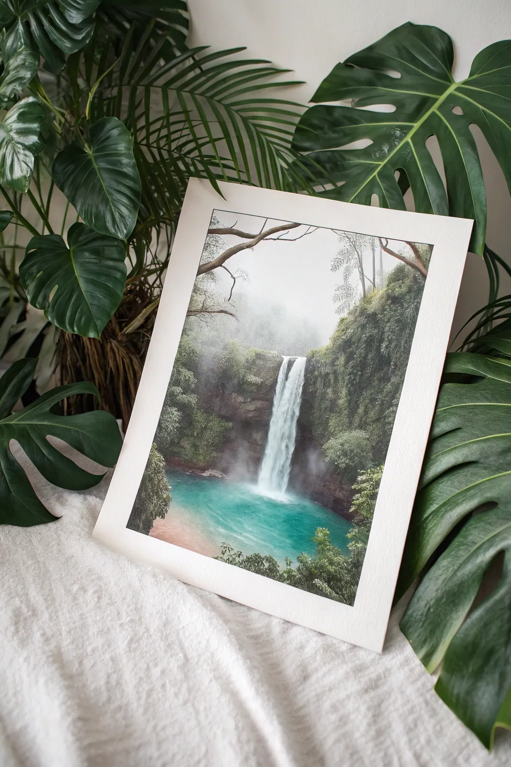 Tropical jungle waterfall painting idea with lush greens, turquoise water, and soft misty depth