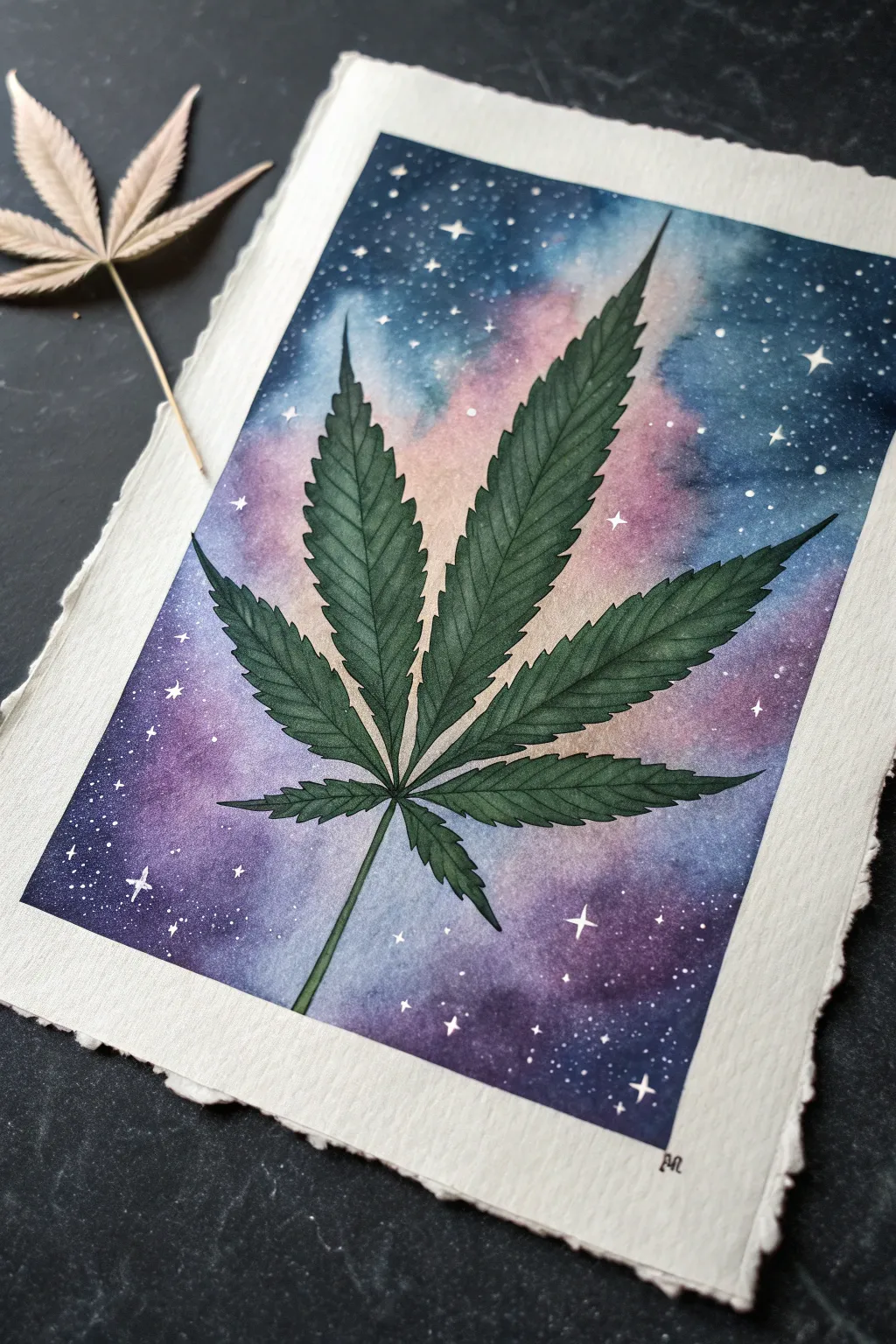 Galaxy-filled cannabis leaf painting in deep blues and purples, glowing against a dark backdrop