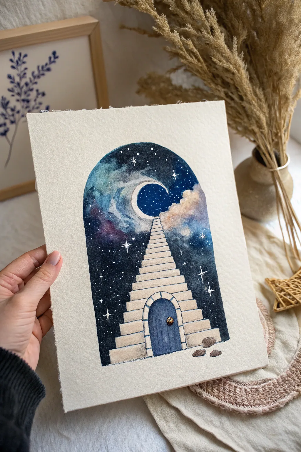 Whimsical stairway climbs into a tiny cosmic doorway, stars spilling like glittering paint.