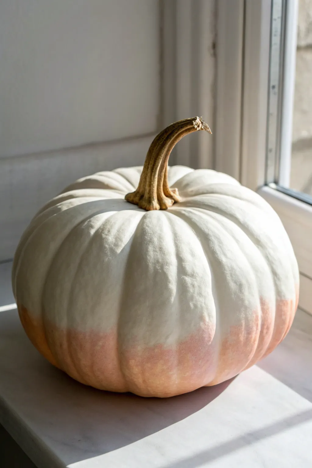 Soft white-to-blush ombré pumpkin with gentle side light for a calm minimalist autumn look