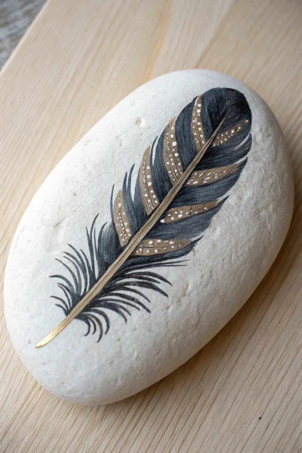 Minimal white rock feather with subtle metallic shimmer, a calm boho accent for beginners.