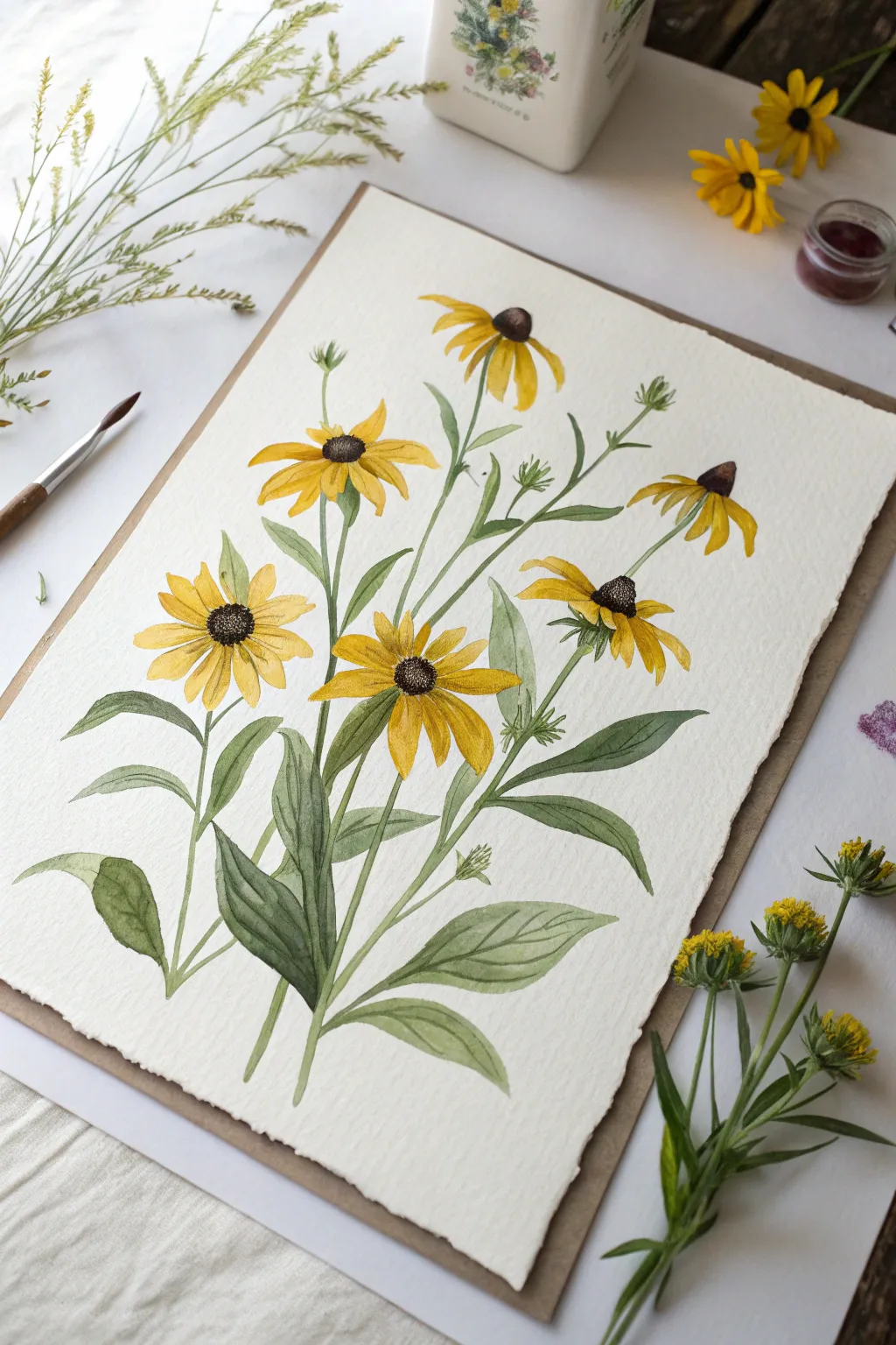 Bold black-eyed Susan color pop with golden petals, dark centers, and breezy green strokes