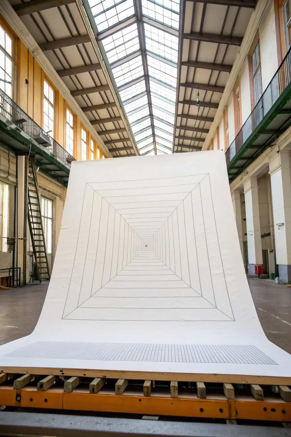 Striped ribbon wraps minimalist cubes and dives into a bold hole, showcasing clear one point depth.