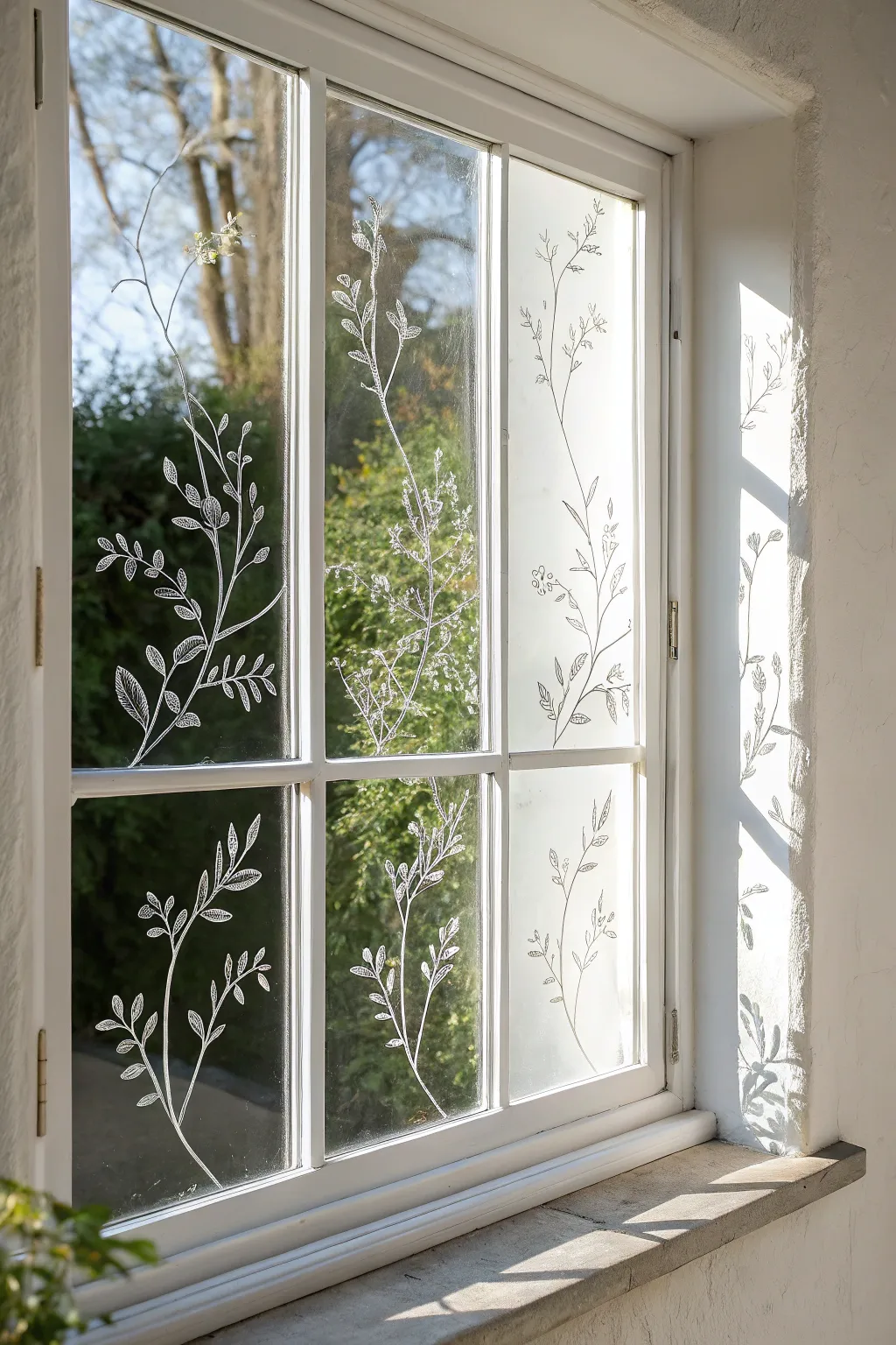 Airy window painting: single-line vines in glass paint, lots of negative space and light