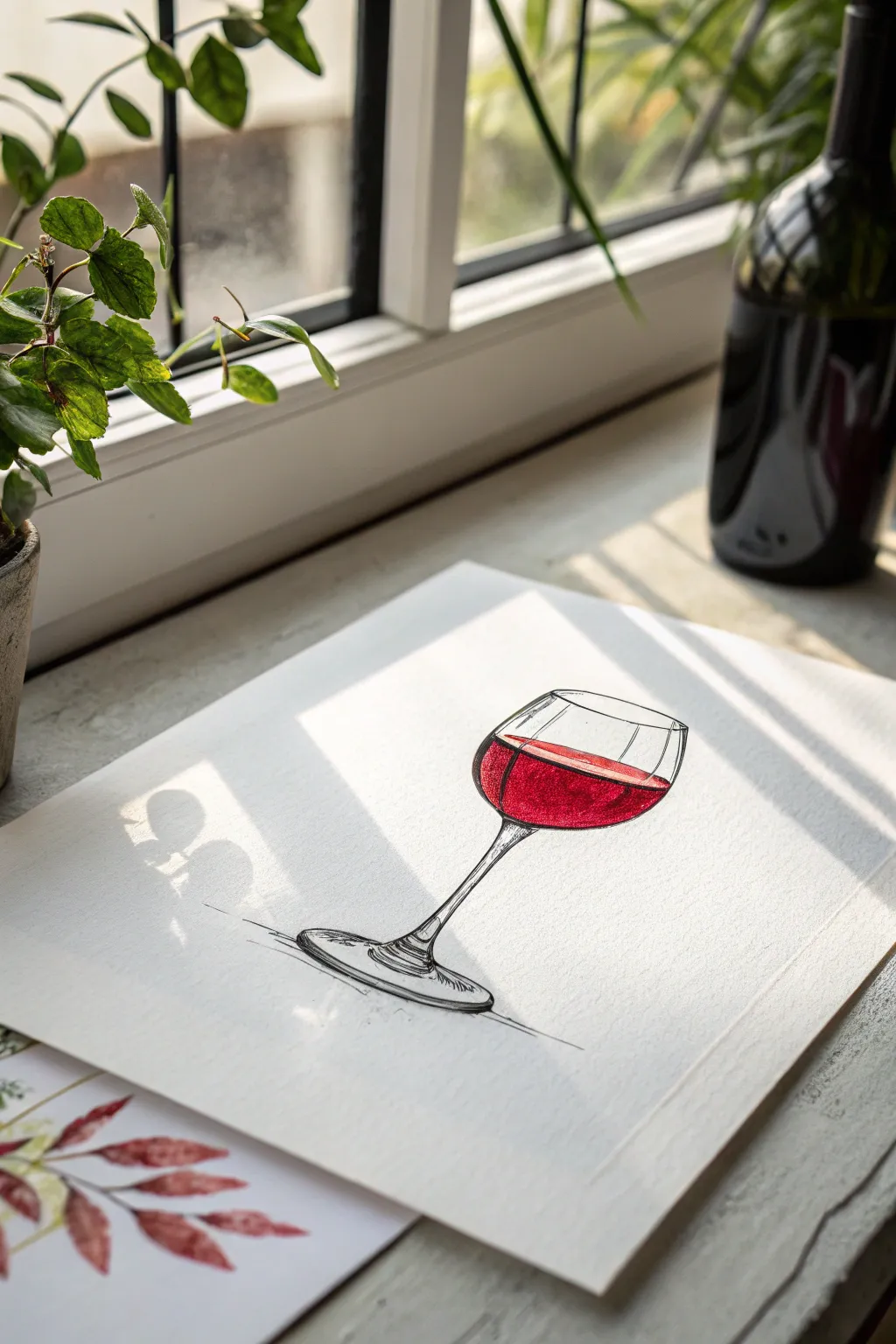 Minimal line art wine glass with a single bold red wine pop against bright white space