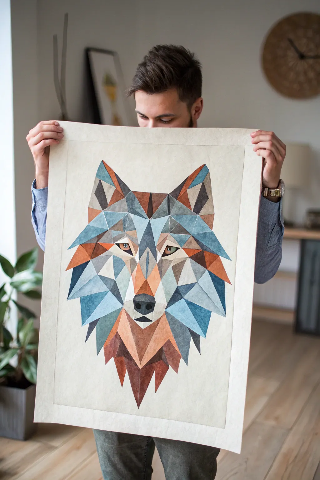 Modern faceted wolf head in cool-to-warm tones, crisp lines, minimalist Nordic boho vibe.