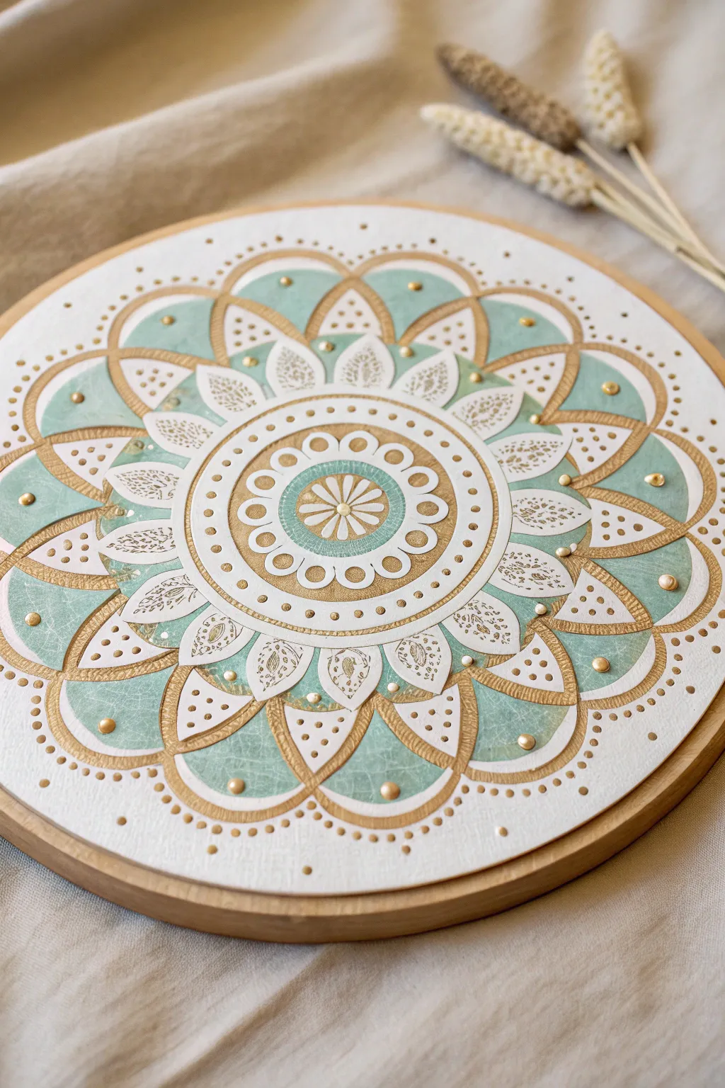 Straight-on dot mandala on a wood circle in white, teal, and soft gold for calm boho minimalism.