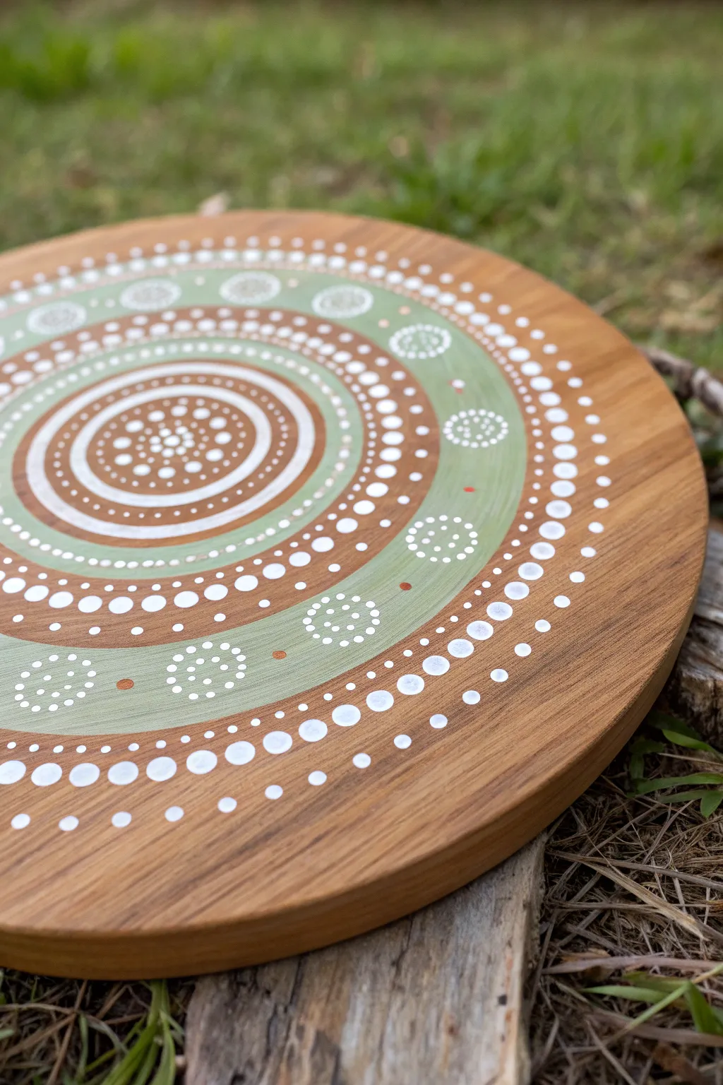 Dot mandala on a wood round, white with sage and terracotta, grain glowing through.