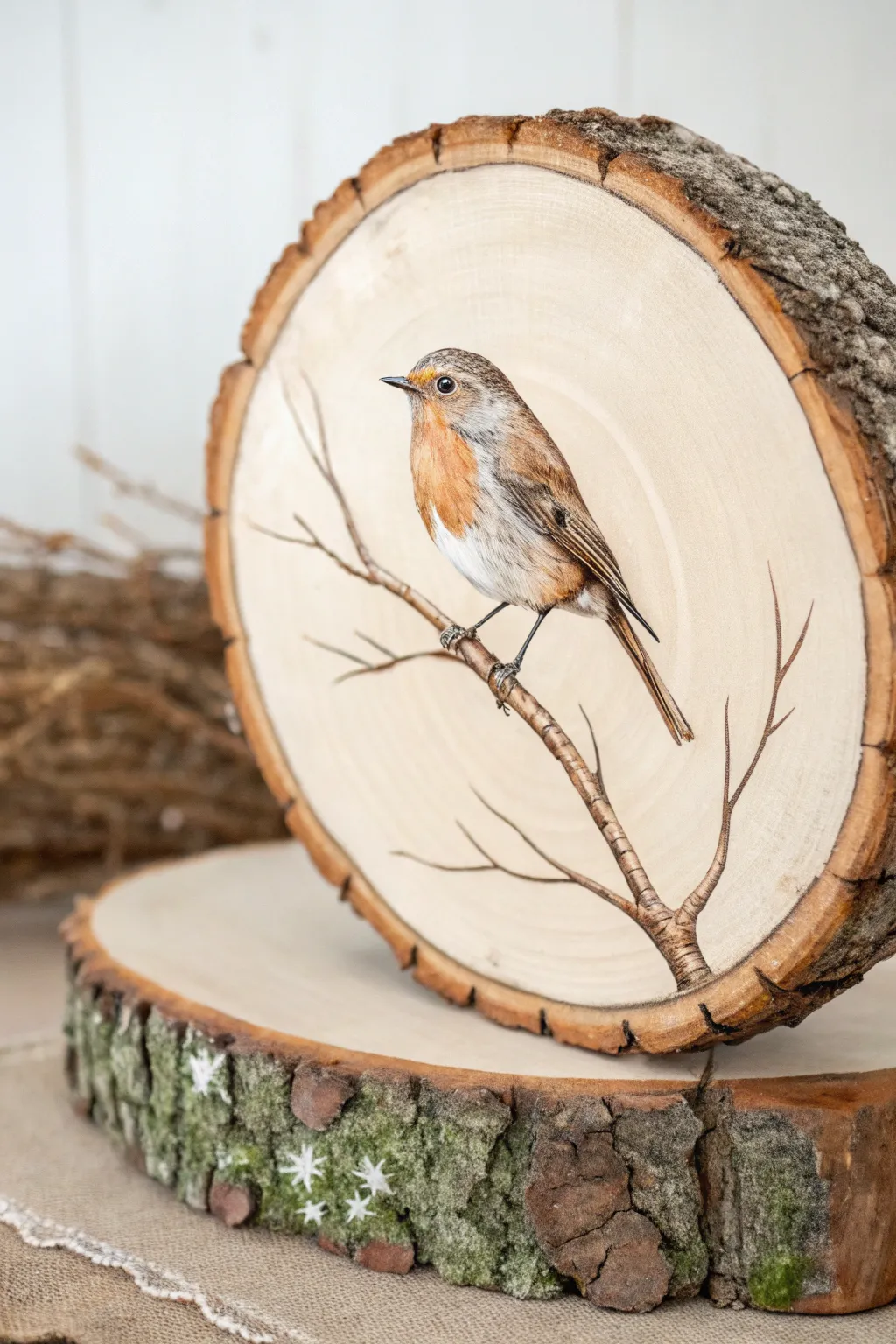 Minimalist wood slice painting idea: a delicate songbird on a twig with a soft neutral wash.