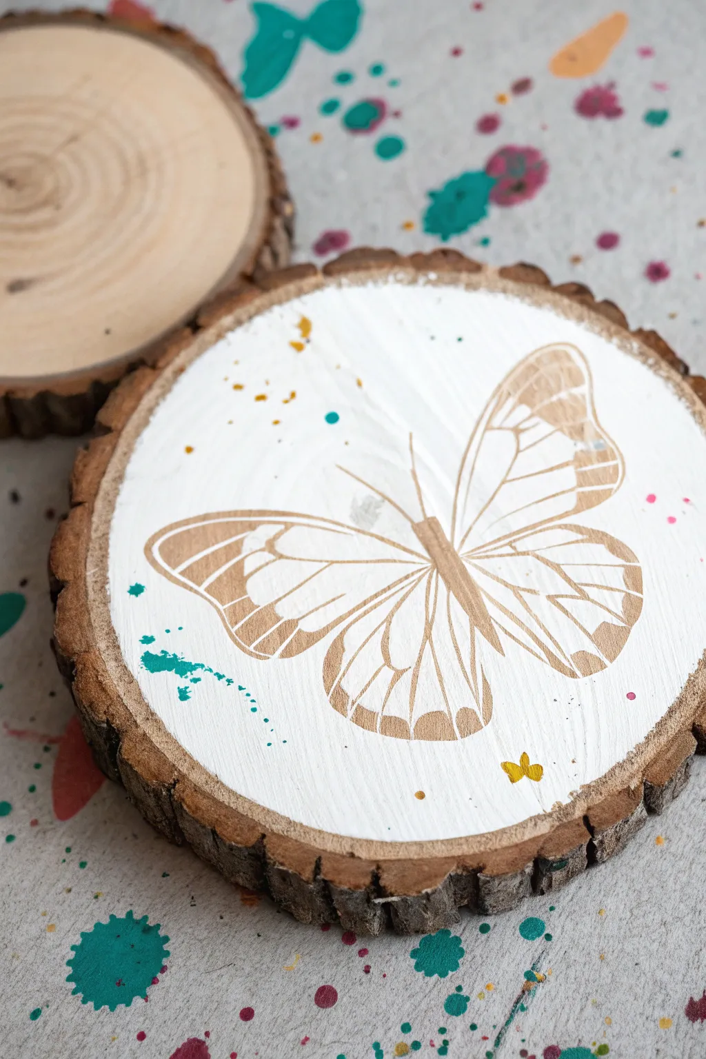 Minimal wood-slice butterfly with vibrant splatter halo and delicate speckles, crisp and boho.