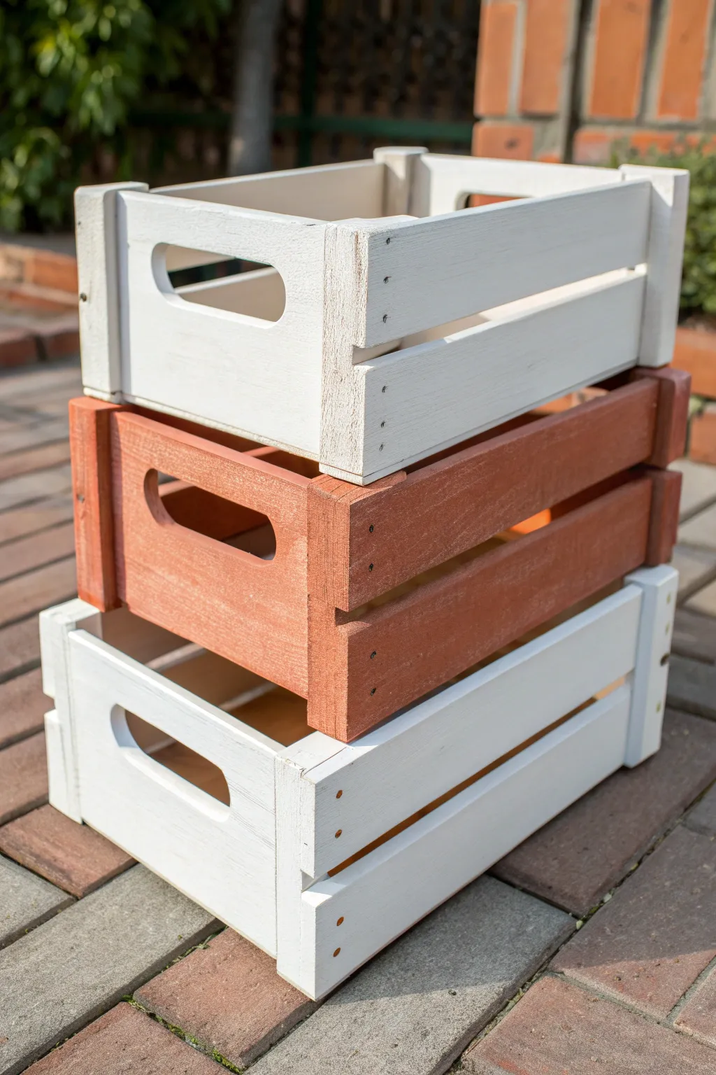 Contrasting terracotta handle cutouts make simple wooden crates look polished and intentional