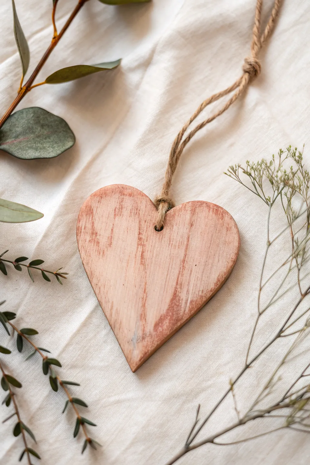 Wooden heart with a soft color wash and crisp botanical line art in minimalist boho style