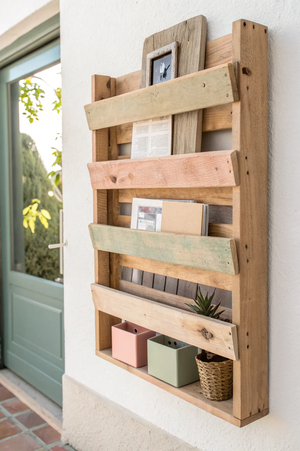 Minimal pallet wall organizer with soft color blocks, shelves, and hooks for chic function