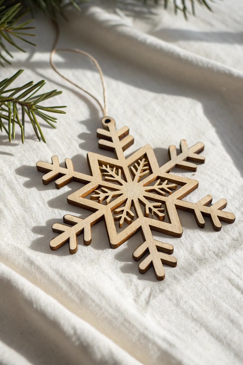 Embossed puffy paint lines on a wooden snowflake for a clean, textured Nordic look