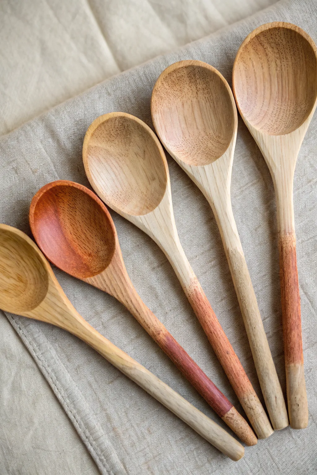 Fan-style set of hand-painted wooden spoons in warm neutrals with a single terracotta accent.