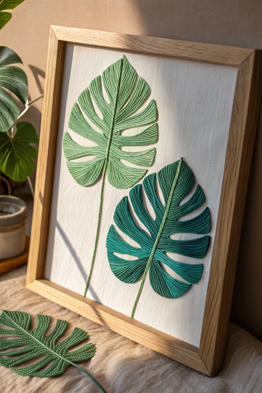 Tropical leaf shapes filled with green yarn strands, captured in side light for rich texture.