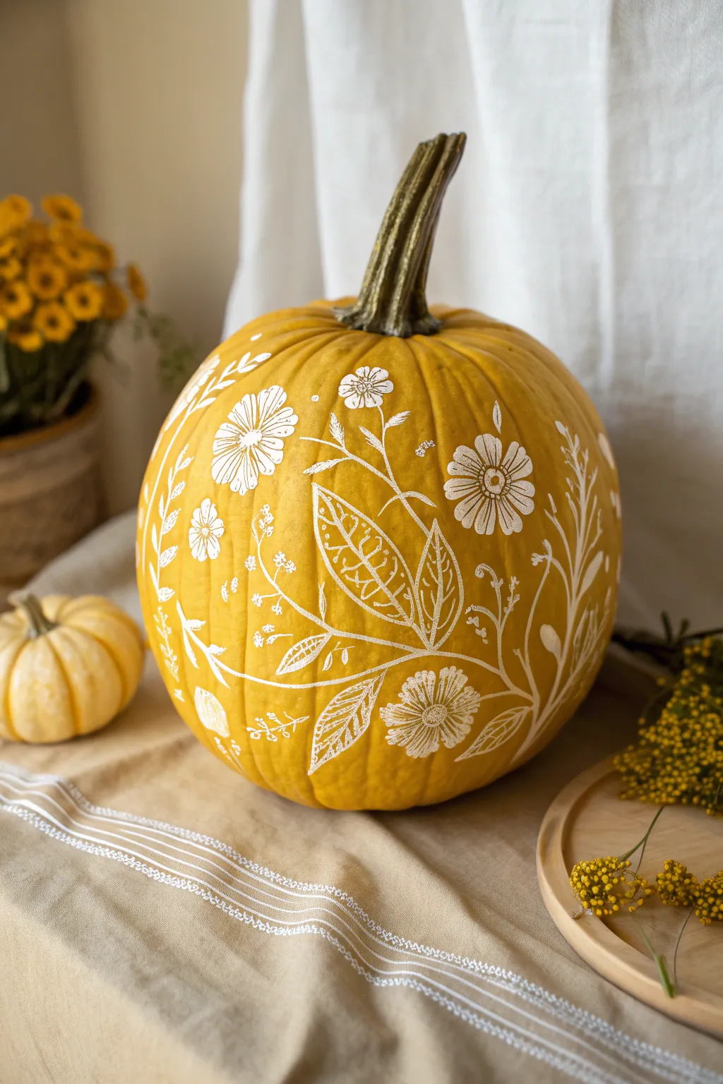 Sunlit yellow pumpkin with crisp white floral line art, minimalist boho charm for fall decor