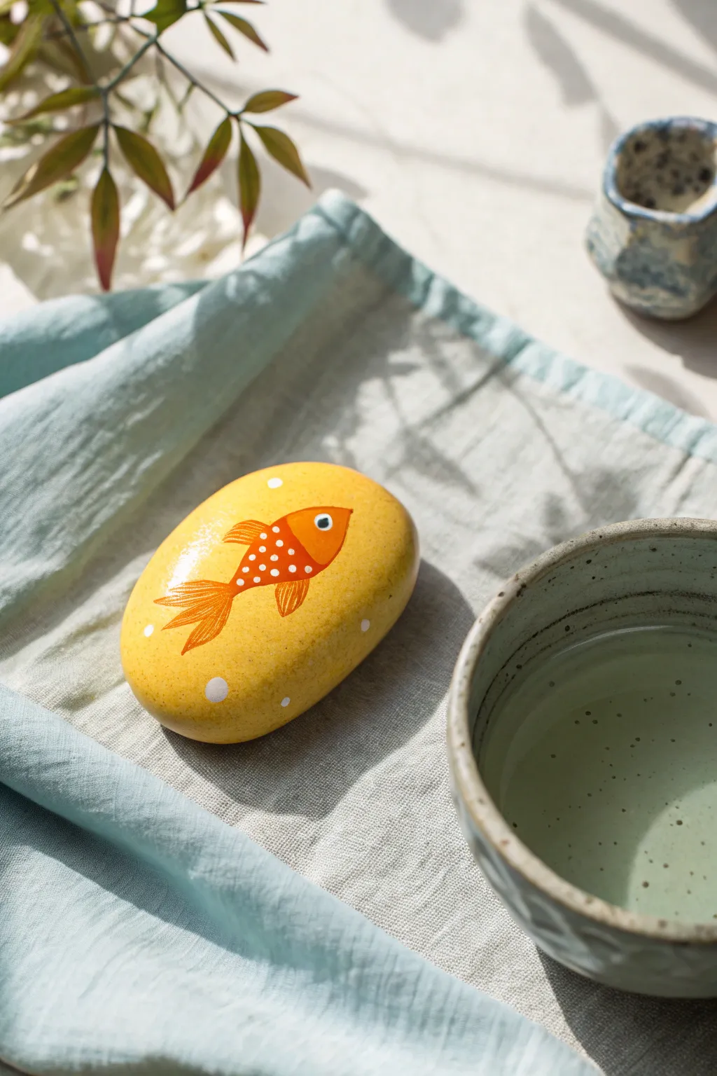 Sunny yellow rock with a simple orange goldfish and bubbles, styled with calm blue accents.