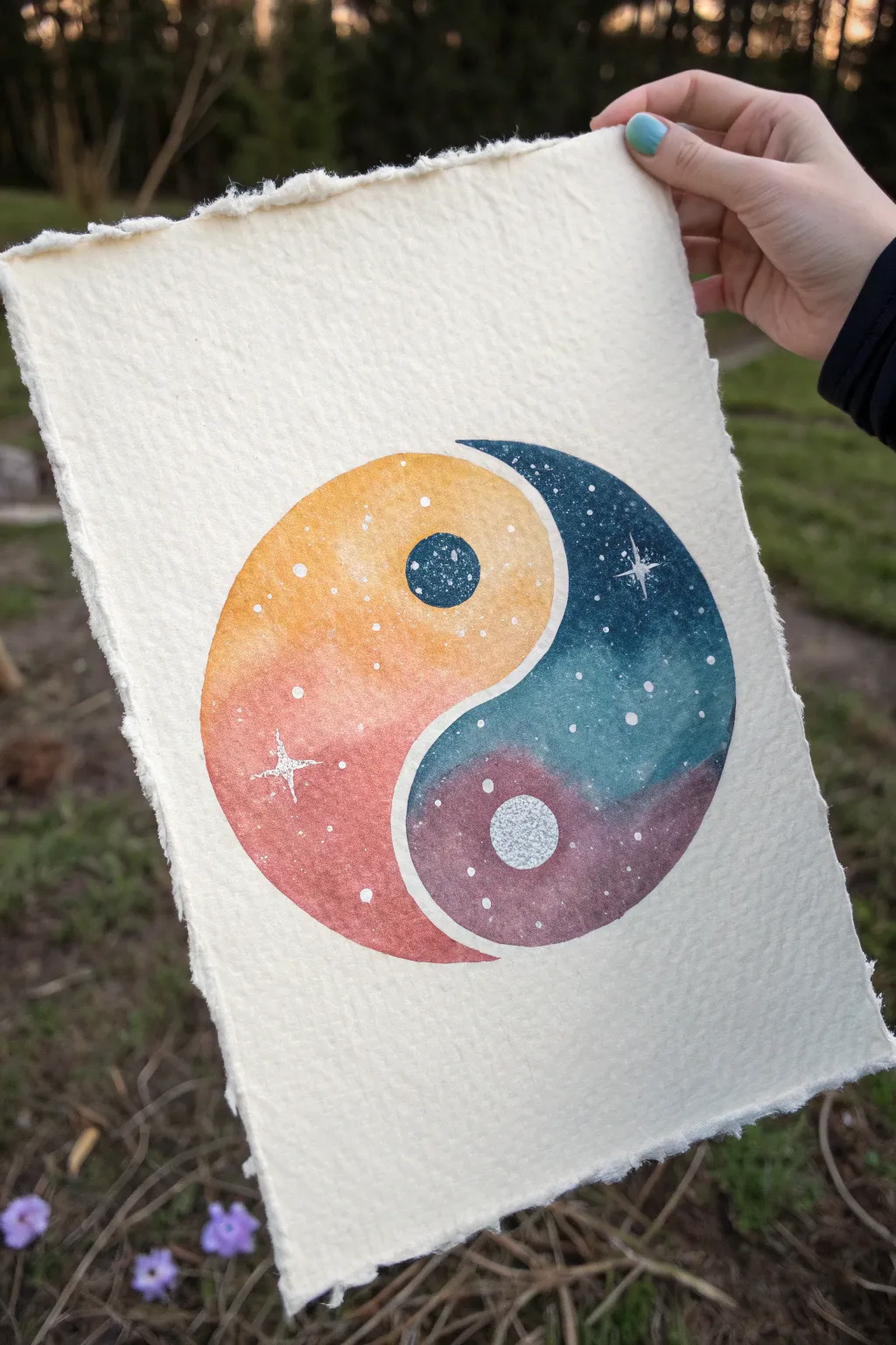 Sunset vs galaxy yin yang: warm gradients meet cool starry tones in a simple handmade study