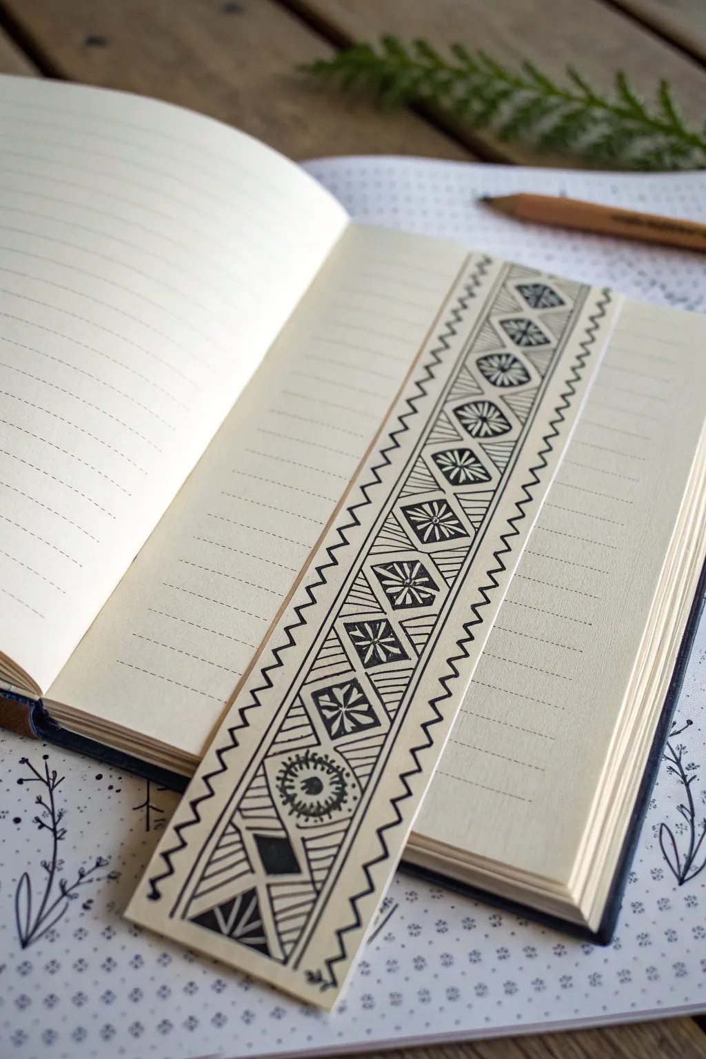 Make a sleek Zentangle bookmark strip with stacked border bands and crisp black ink contrast.