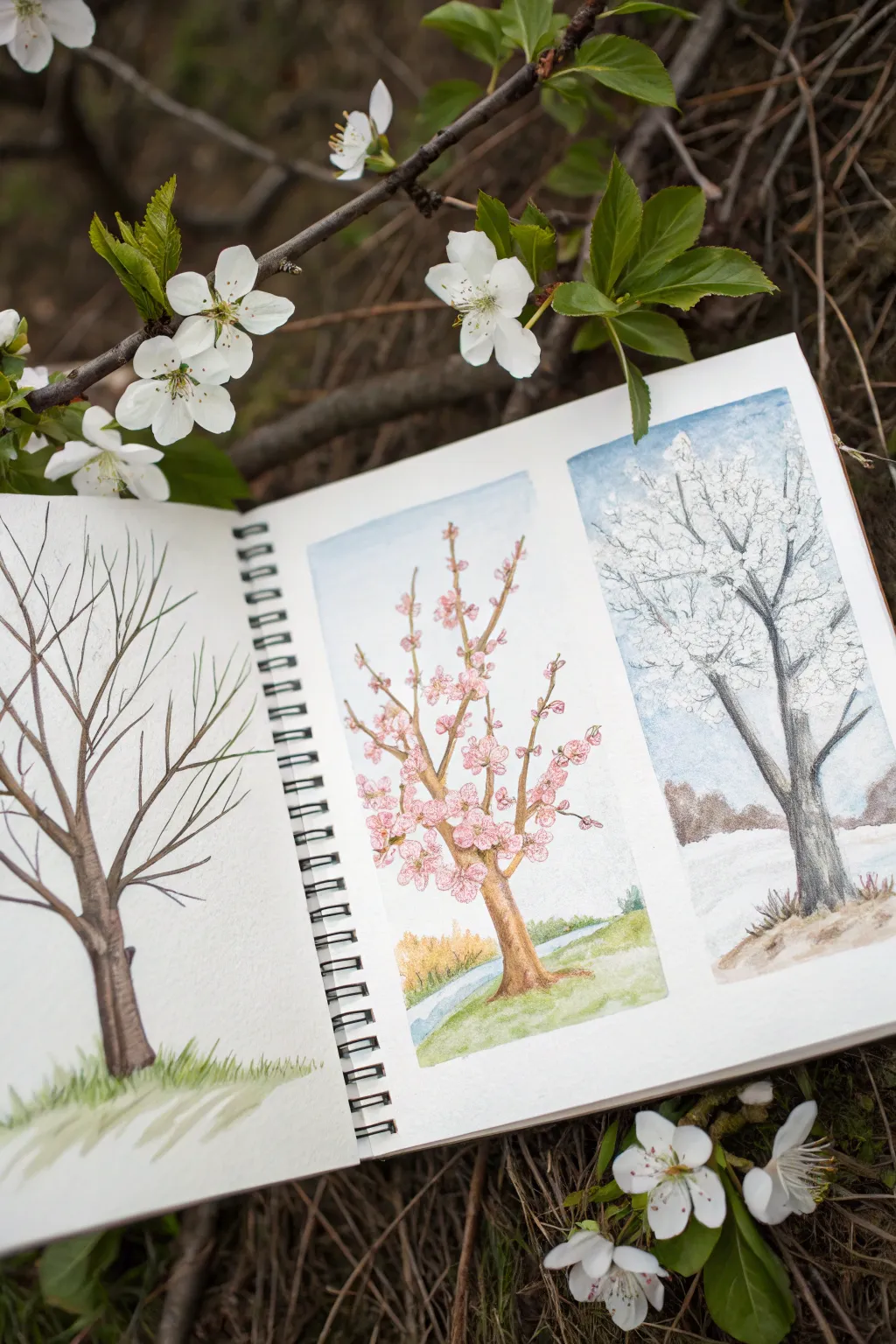 Three-panel seasons tree: draw the same tree in spring, summer, and winter with simple color shifts.