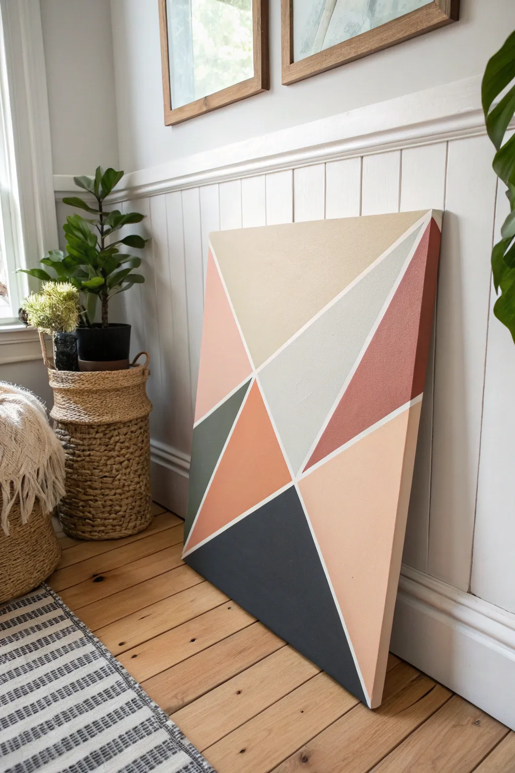 Crisp tape-resist triangles and stripes in warm neutrals for a minimalist high-contrast look