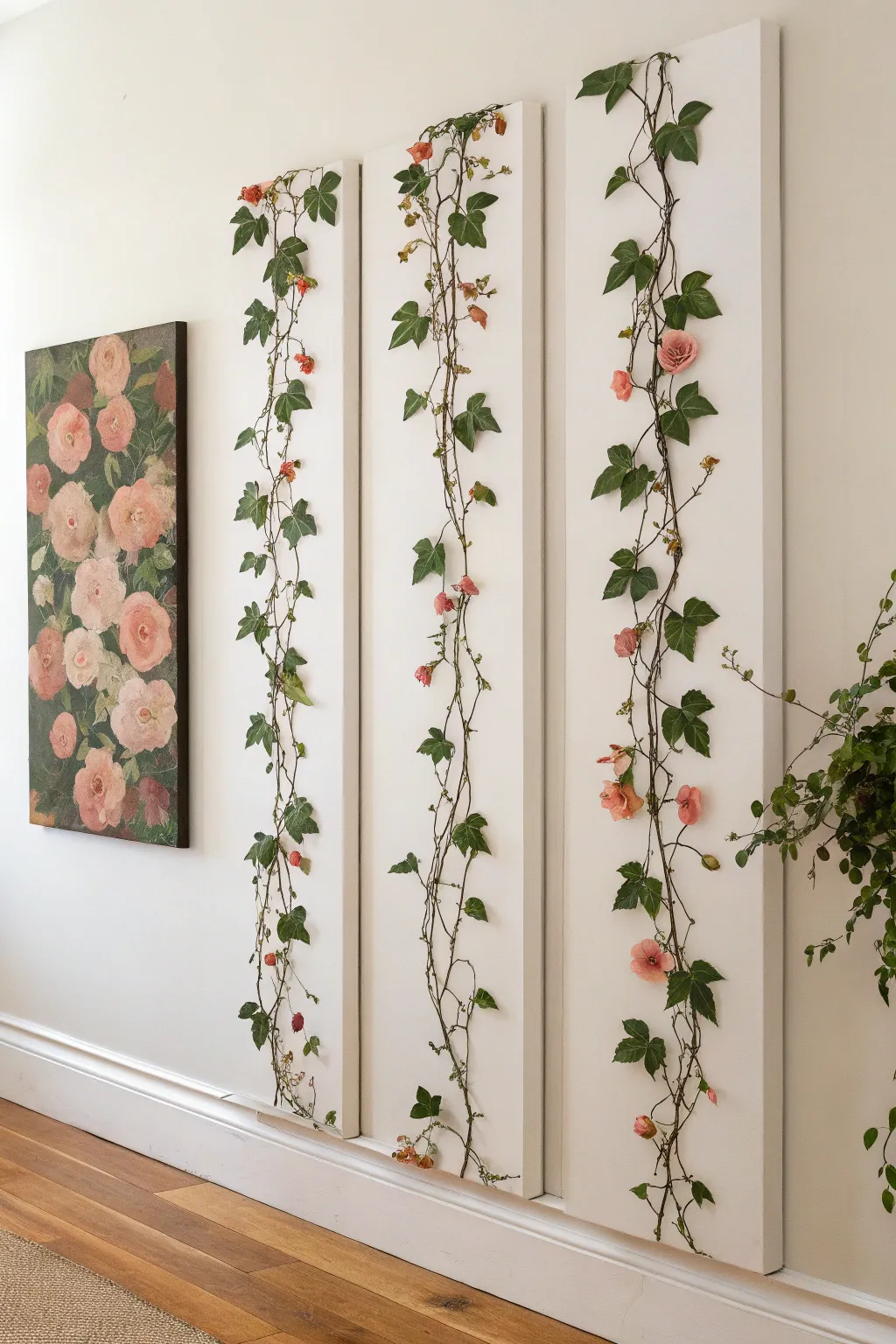 Make a tall wall pop with a sleek vertical canvas trio and a continuous boho vine motif.