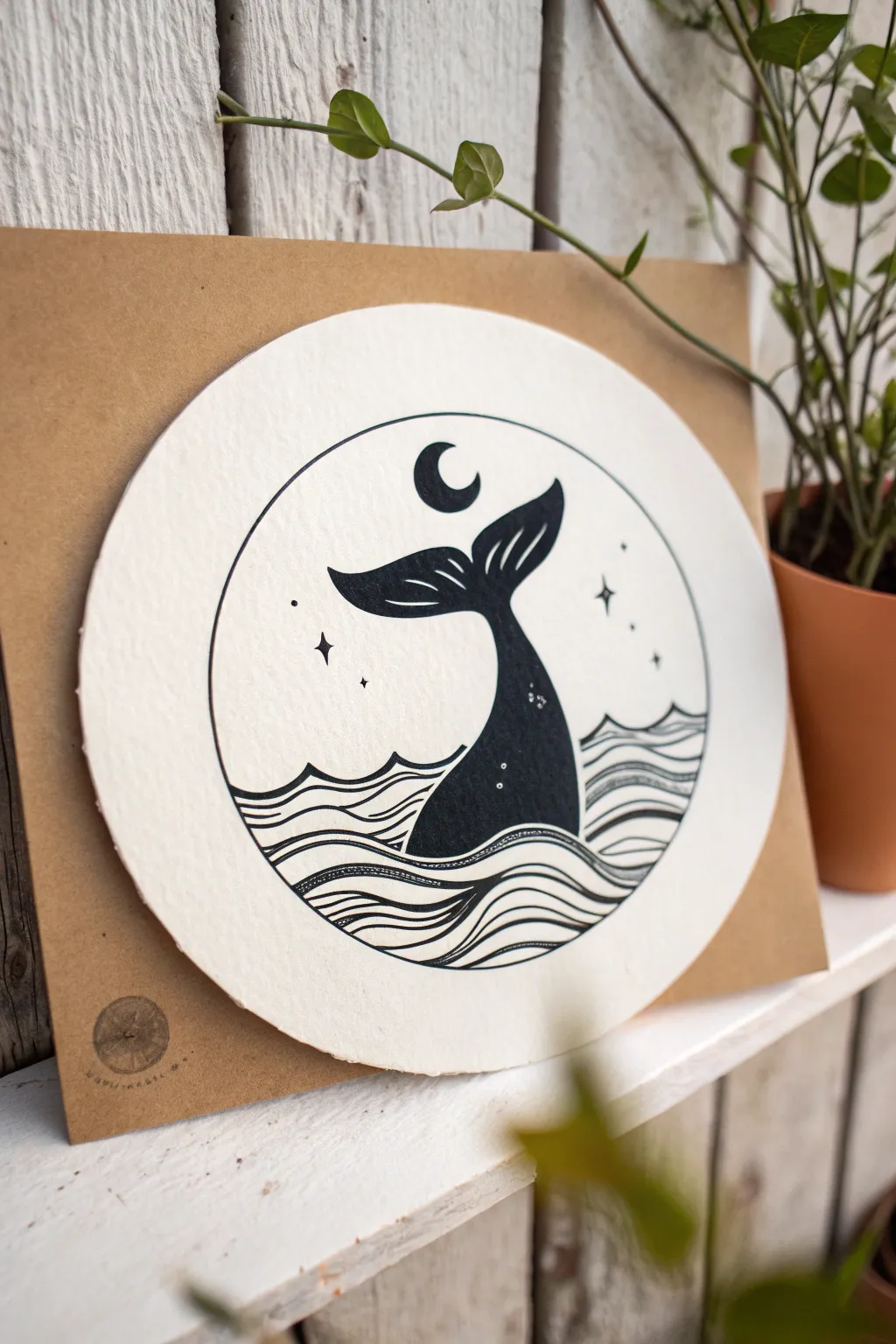 Minimal circle art: bold whale tail with moon and calm waves, elegant, feminine, and easy to draw
