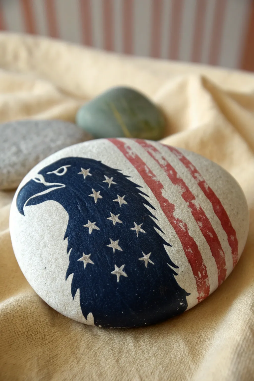 Bold bald eagle silhouette on a painted rock with subtle stars and stripes, clean and modern.