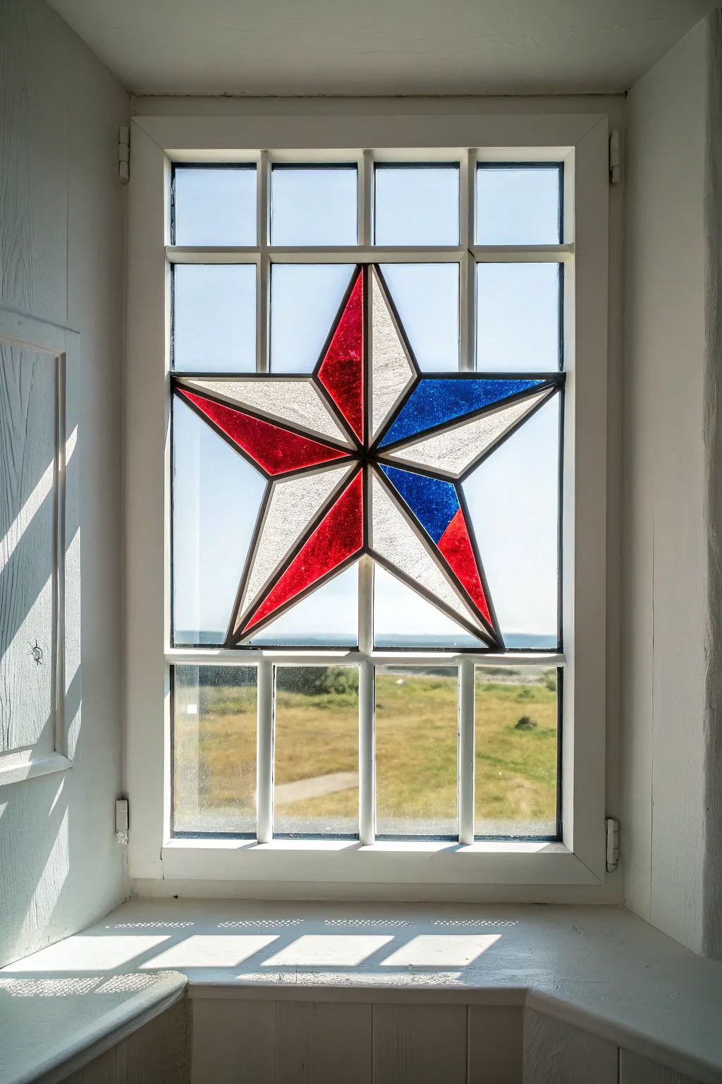 Jewel-toned stained-glass star mosaic window art in red, white, and blue, glowing in sunlight