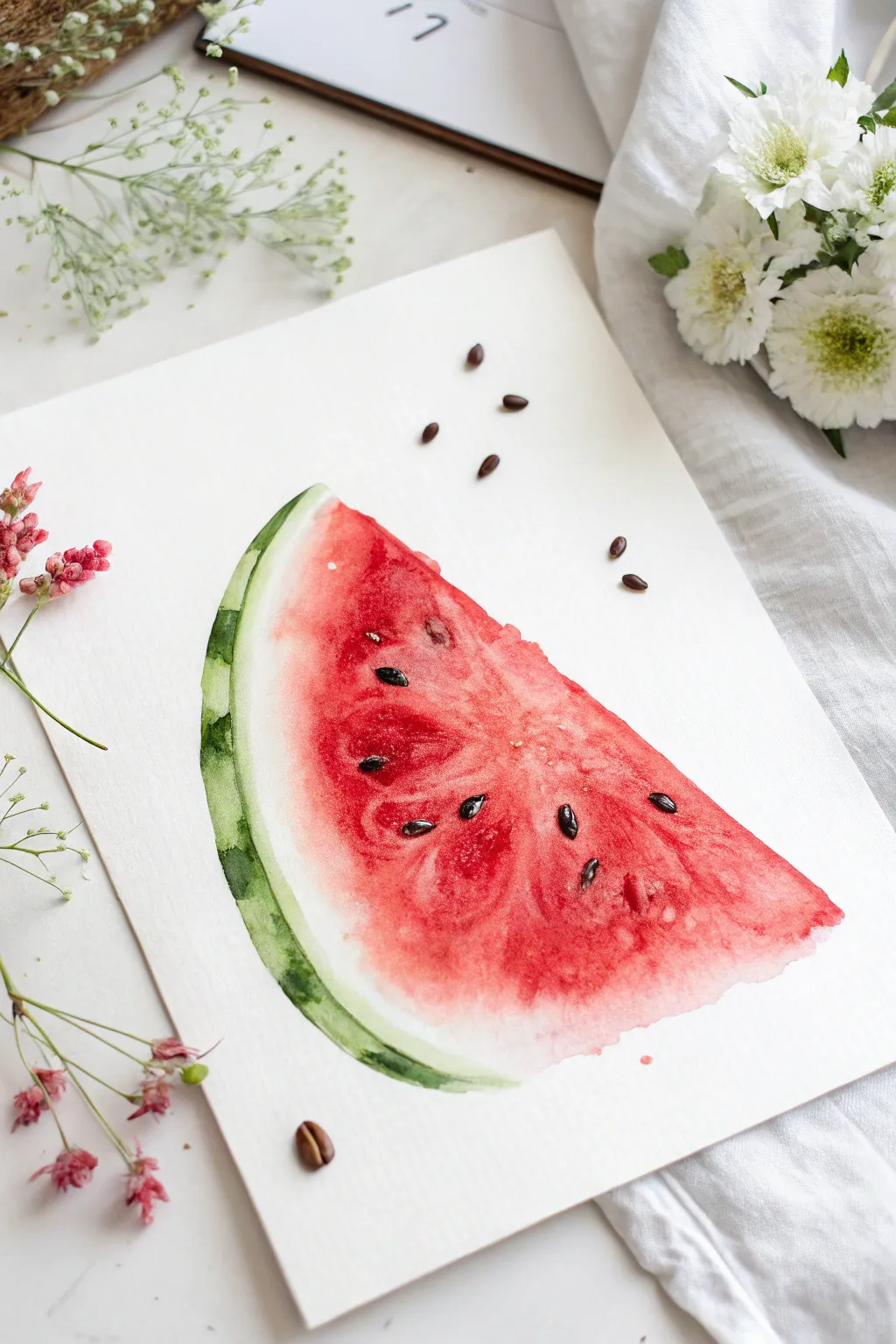 Juicy wet-on-wet watermelon slice watercolor, simple seeds and soft red blooms for beginners