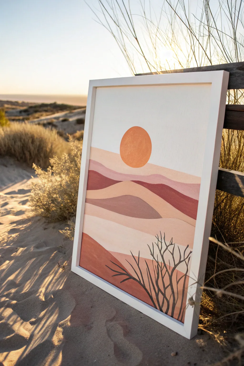 Minimal desert sun acrylic study with long shadows, warm tones, and modern calm