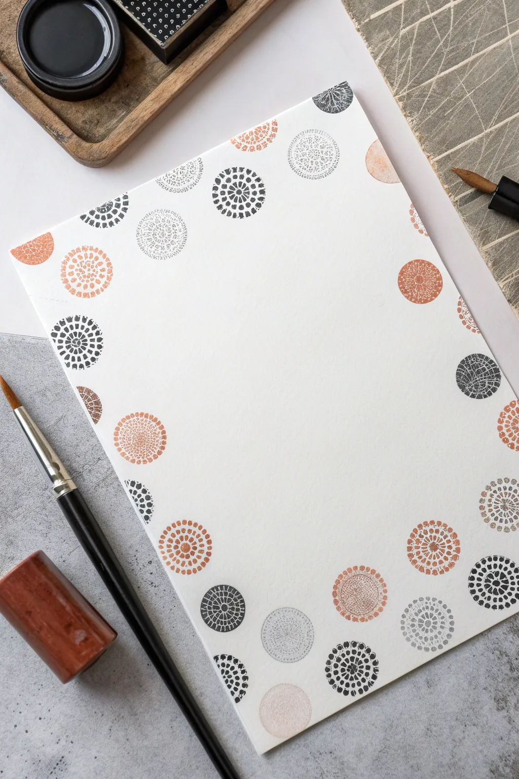 Easy abstract art: stamp circles, grids, and textures using simple household objects.