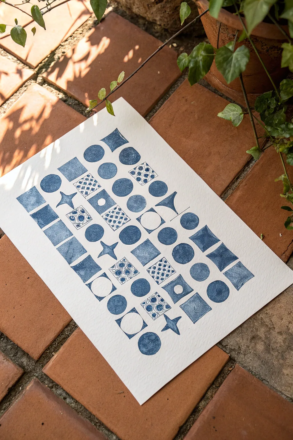 Abstract household stamp patterns: a crisp indigo grid on terracotta for clean boho minimal vibes.