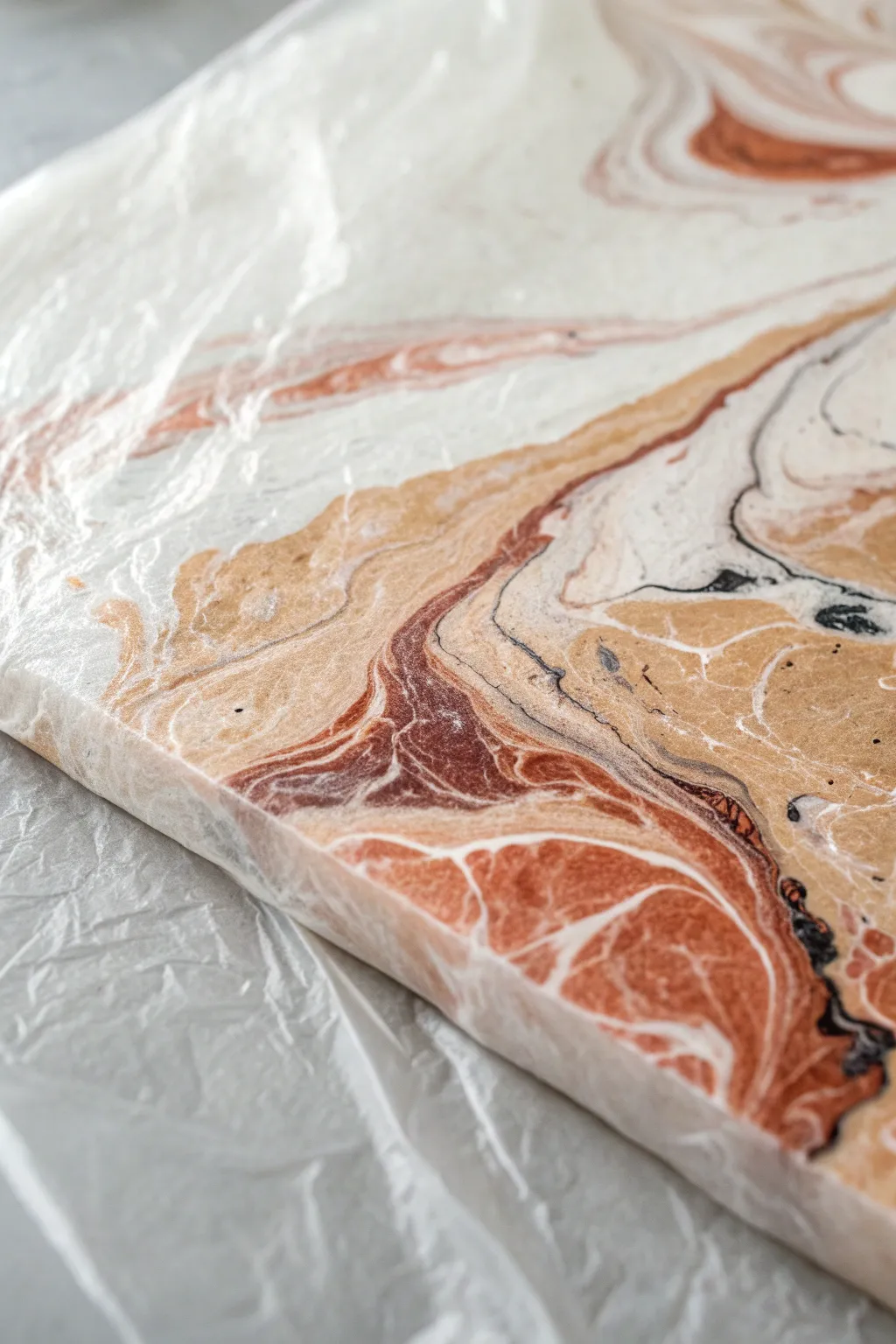 Plastic wrap lift creates crystalline branches and airy marbling for modern abstract texture.