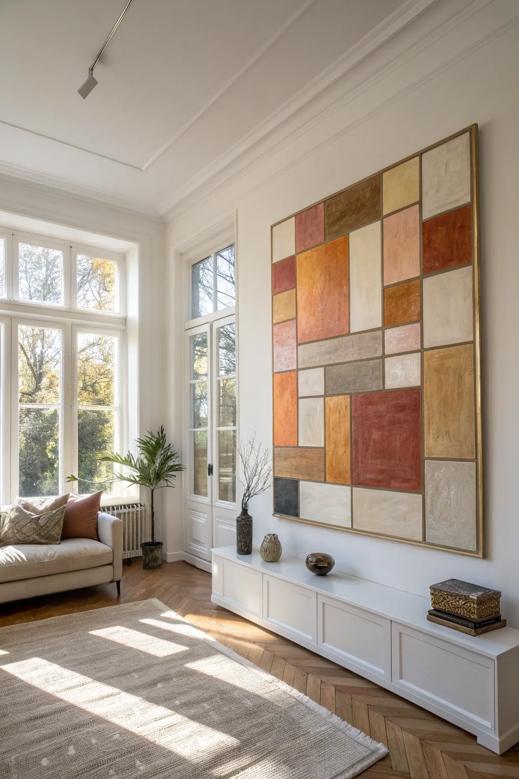 Soft window light shapes in an abstract canvas, perfect minimalist living room inspiration