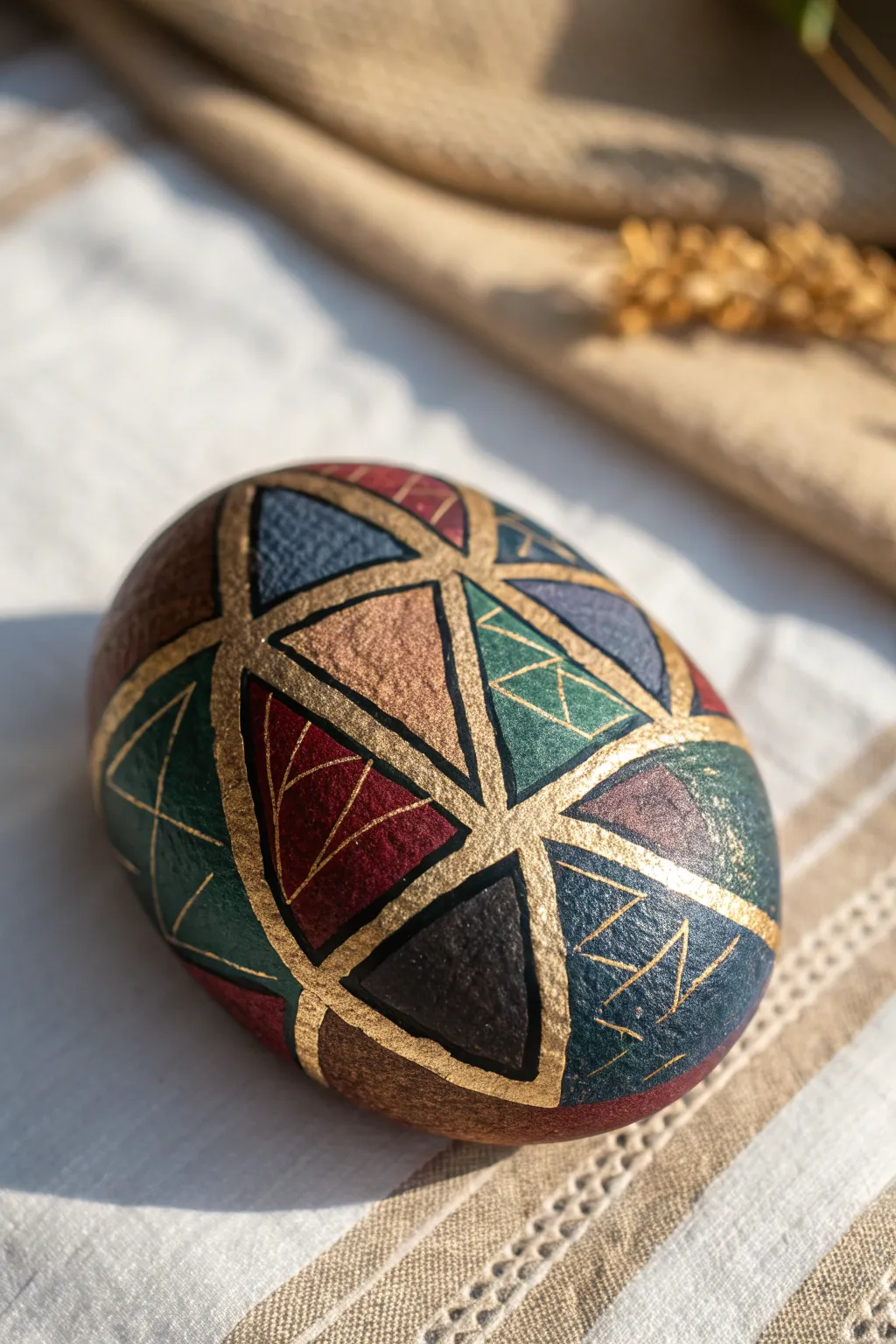 Deep hues meet delicate gold lines for chic abstract rock art with a soft metallic shimmer.