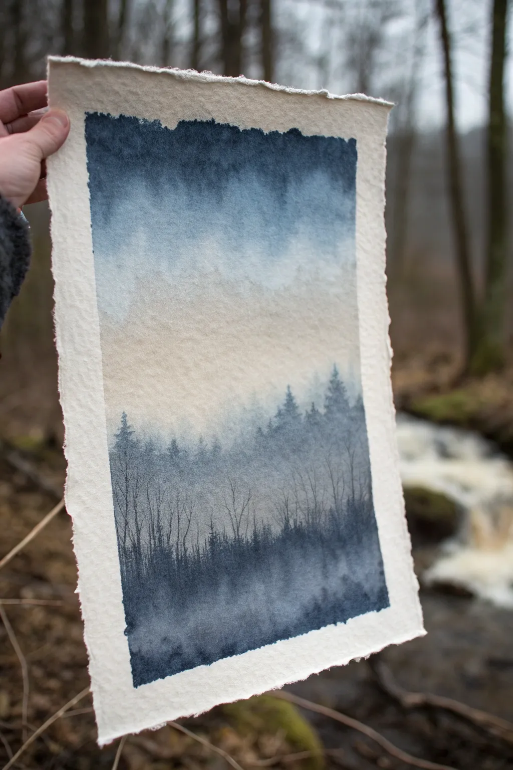 Moody indigo drips melt into soft watery reflections for a minimalist night-sky abstract.