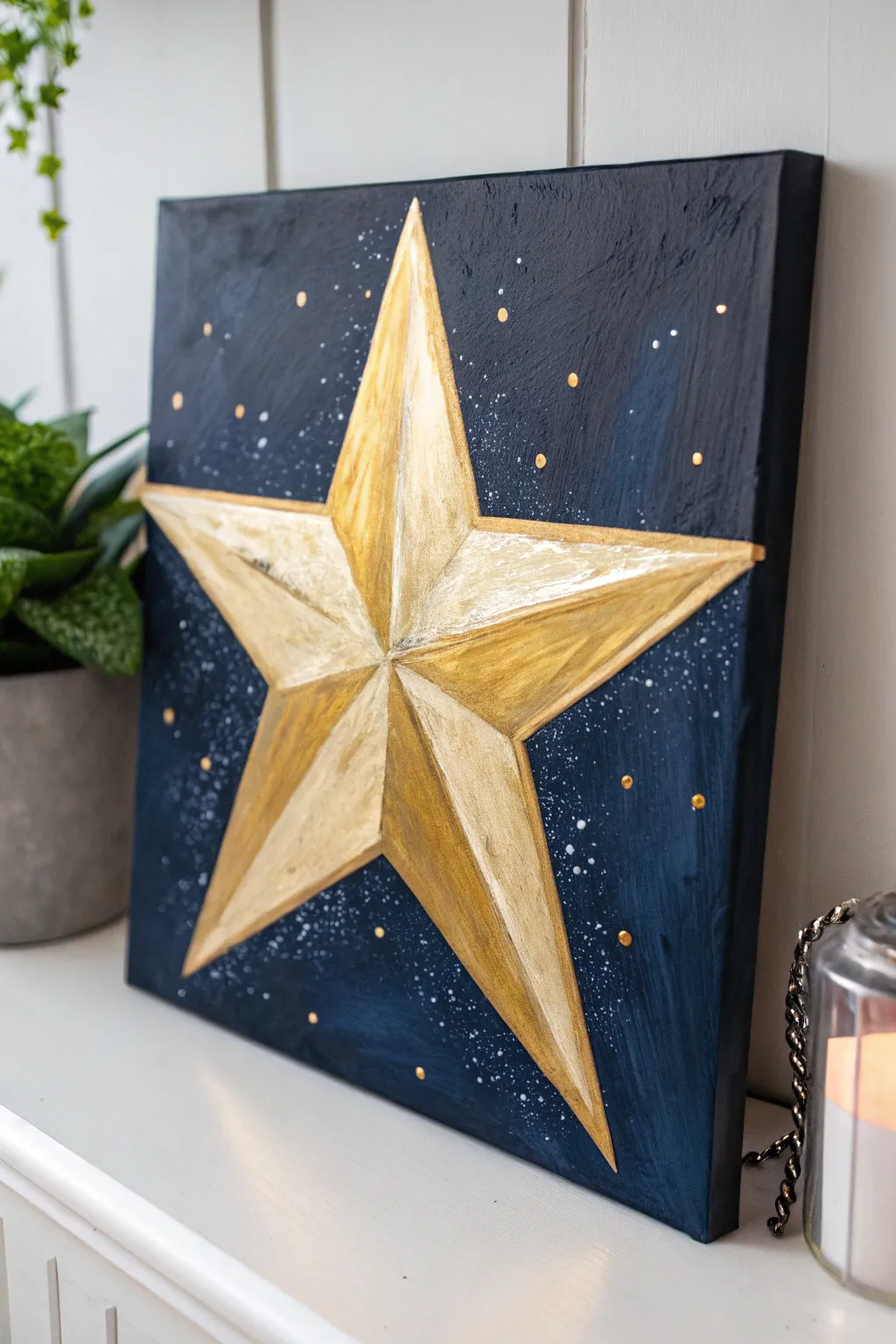 Metallic gold star on deep navy acrylic, minimalist Christmas painting idea with subtle sparkle and glow