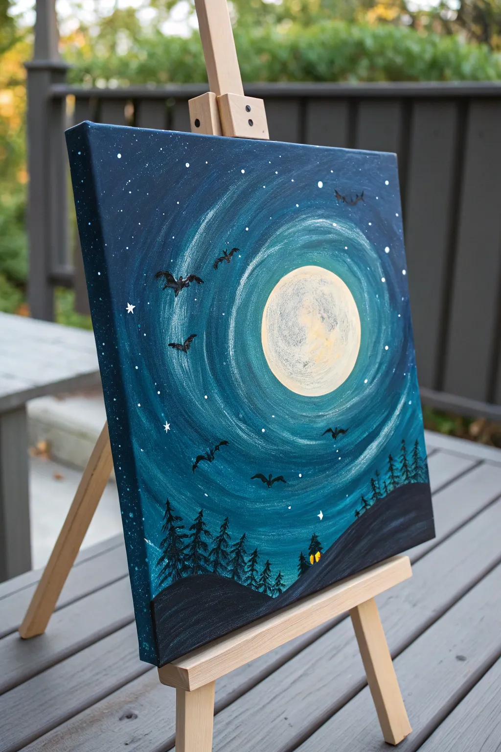 Starry acrylic night sky with a bright moon and hidden little ghosts for Halloween magic
