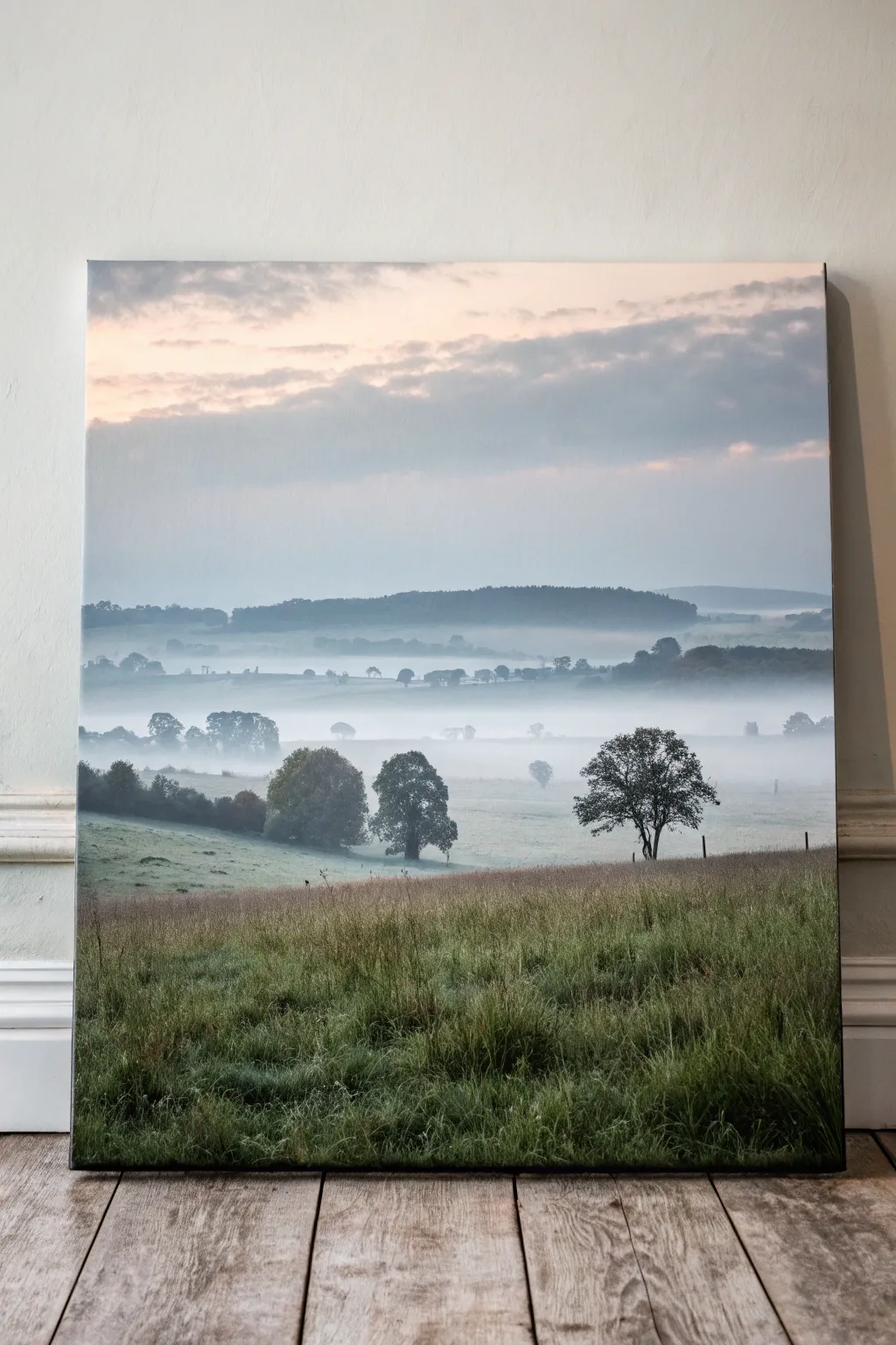 Foggy field acrylic study with soft scumbled edges in muted sage and warm off-white tones.